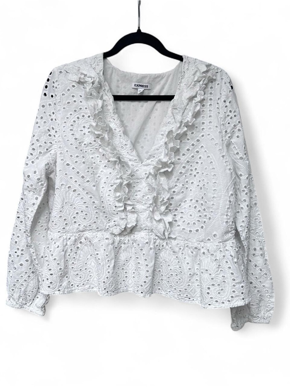 Express White Eyelet Ruffle V-Neck Peplum Blouse